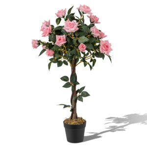 Árvore artificial de 93 cm com flores artificiais, pinheiros e rosas.