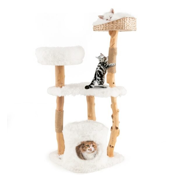 Torre para gatos em madeira maciça com cama em forma de cesta de junco no topo, ideal para gatos de interior - Branca