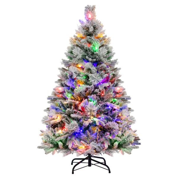 Árvore de Natal artificial de 136 cm com neve artificial, 8 modos de iluminação e 472 pontas de galhos em PVC PE.