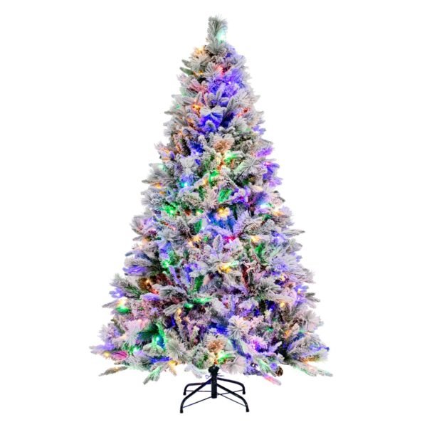 Árvore de Natal artificial de 180 cm com neve artificial, 8 modos de iluminação e 850 pontas de galhos em PVC PE.