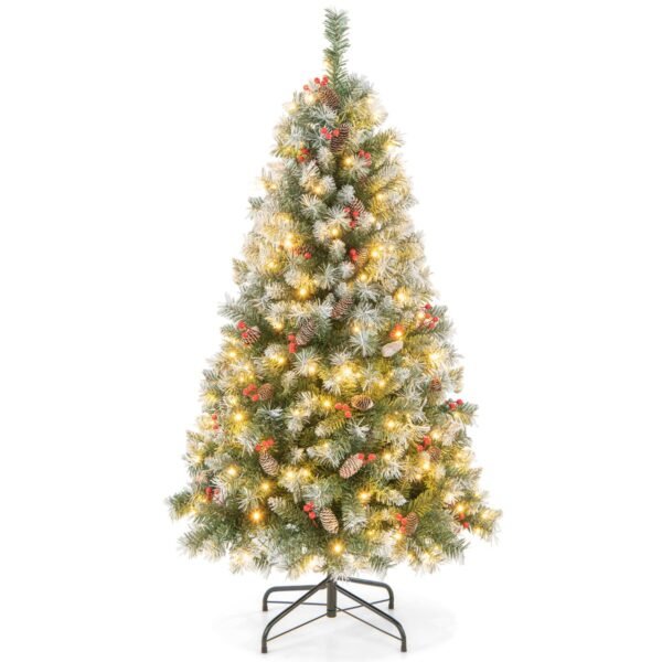 Árvore de Natal artificial de 150 cm com luzes, neve, pinhas e frutos vermelhos.