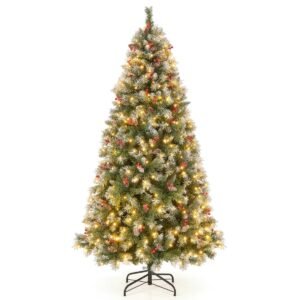 Árvore de Natal artificial de 195 cm com luzes, neve, pinhas e frutos vermelhos.