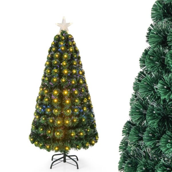 Árvore de Natal artificial de 150 cm com 8 modos de iluminação e fibra óptica.