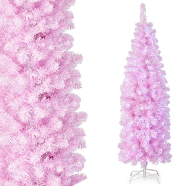 Árvore de Natal artificial em formato de lápis, 180 cm, com 250 LEDs brancos frios, rosa.