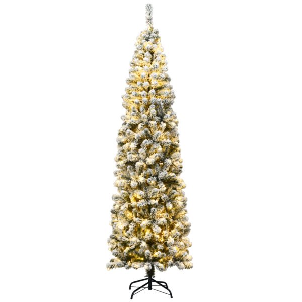 Árvore de Natal lápis de 225 cm com neve e 350 luzes LED brancas quentes.