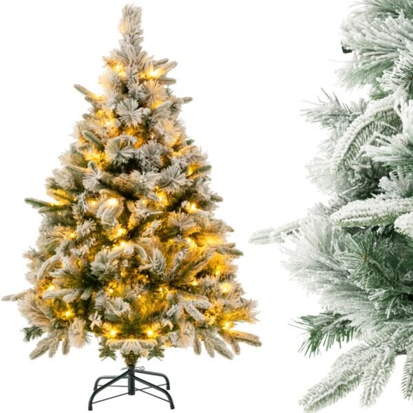 Árvore de Natal artificial de 136 cm com neve e 150 luzes LED brancas quentes na cor verde.