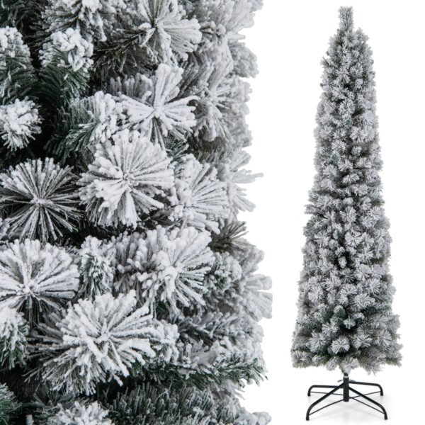 Árvore de Natal de 180 cm coberta de neve com 150 luzes brancas quentes.