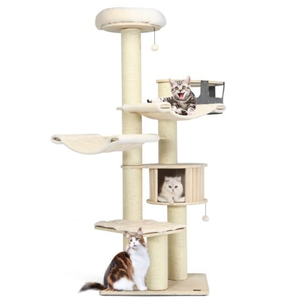 Árvore para gatos de vários níveis, 197 cm, para brincar e descansar - Branco Creme