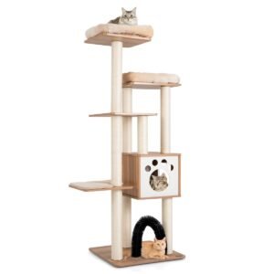 Árvore para gatos de 175 cm e 6 andares com condomínio removível e almofada, torre grande para brincar com postes de sisal, cinza