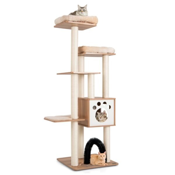 Árvore para gatos moderna e alta de vários níveis com 2 poleiros de pelúcia no topo.