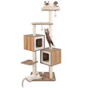 Árvore para gatos moderna em madeira com poleiros, casinhas e almofadas laváveis ​​- Cor natural
