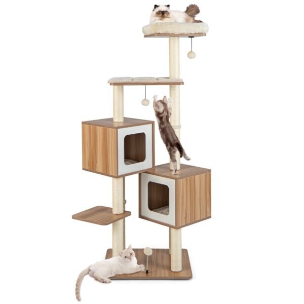 Árvore para gatos moderna em madeira com poleiros, casinhas e almofadas laváveis ​​- Cor natural