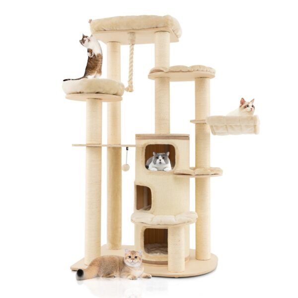 Arranhador de madeira de 173 cm com toca, tapetes, bola e corda suspensa para gatos, bege.