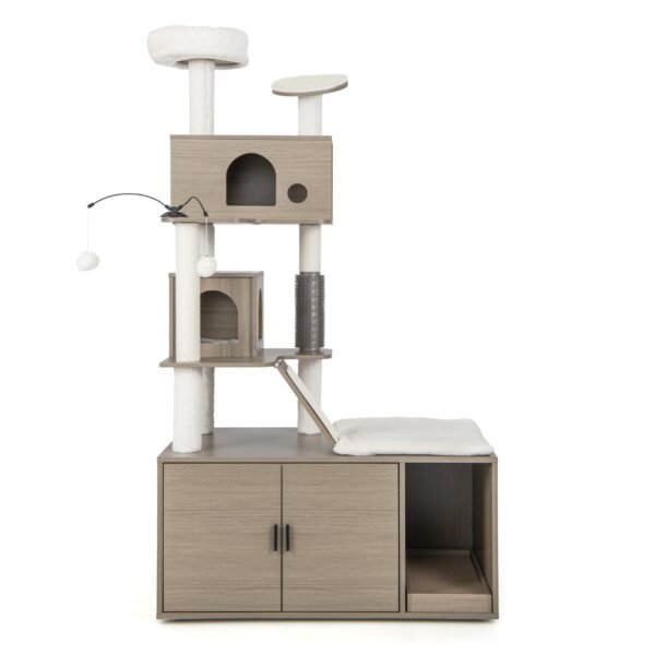 Arranhador com caixa de areia, árvore para gatos 2 em 1 com 2 casinhas, 95 x 55,5 x 173 cm, cinza