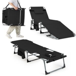 Espreguiçadeira dobrável para exterior com 5 posições e apoio para os pés ajustável - Preta