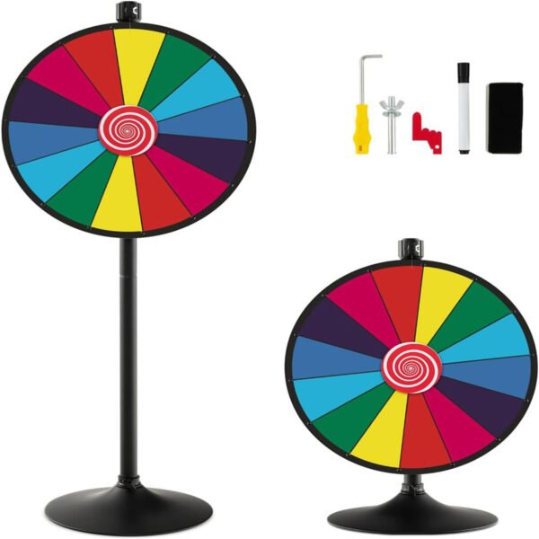 Roda da Fortuna de Ø60 cm com Suporte, Roda de Prêmios com Altura Ajustável, Colorida