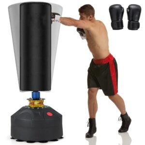 Saco de pancada autoportante para kickboxing com suporte e base de ventosa.