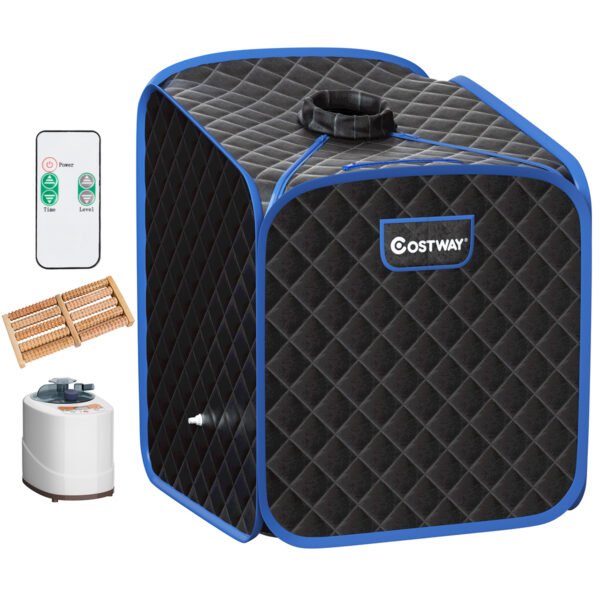 Sauna a vapor portátil com cadeira, rolo massageador para os pés e tapete absorvente. 9 níveis de temperatura ajustáveis. Cabine de spa para uso interno. Preta.