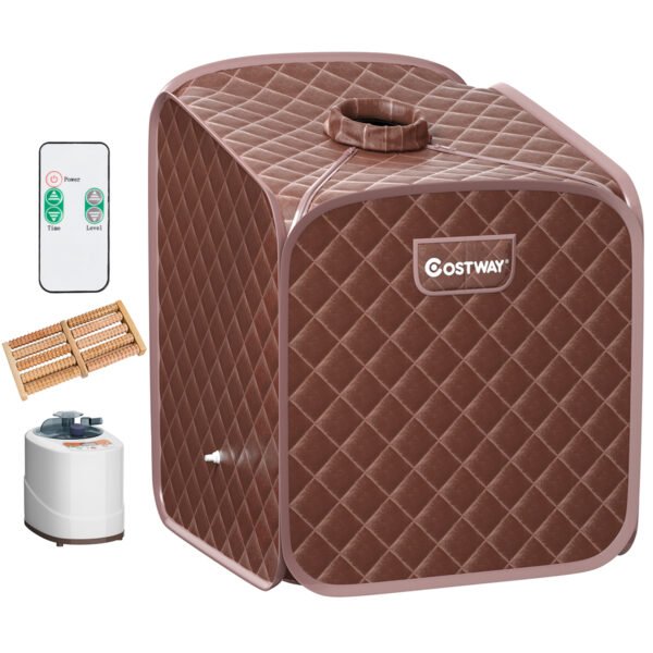 Sauna a vapor portátil com cadeira, rolo massageador para os pés e tapete absorvente. 9 níveis de temperatura ajustáveis. Cabine de spa para uso interno. Cor café.
