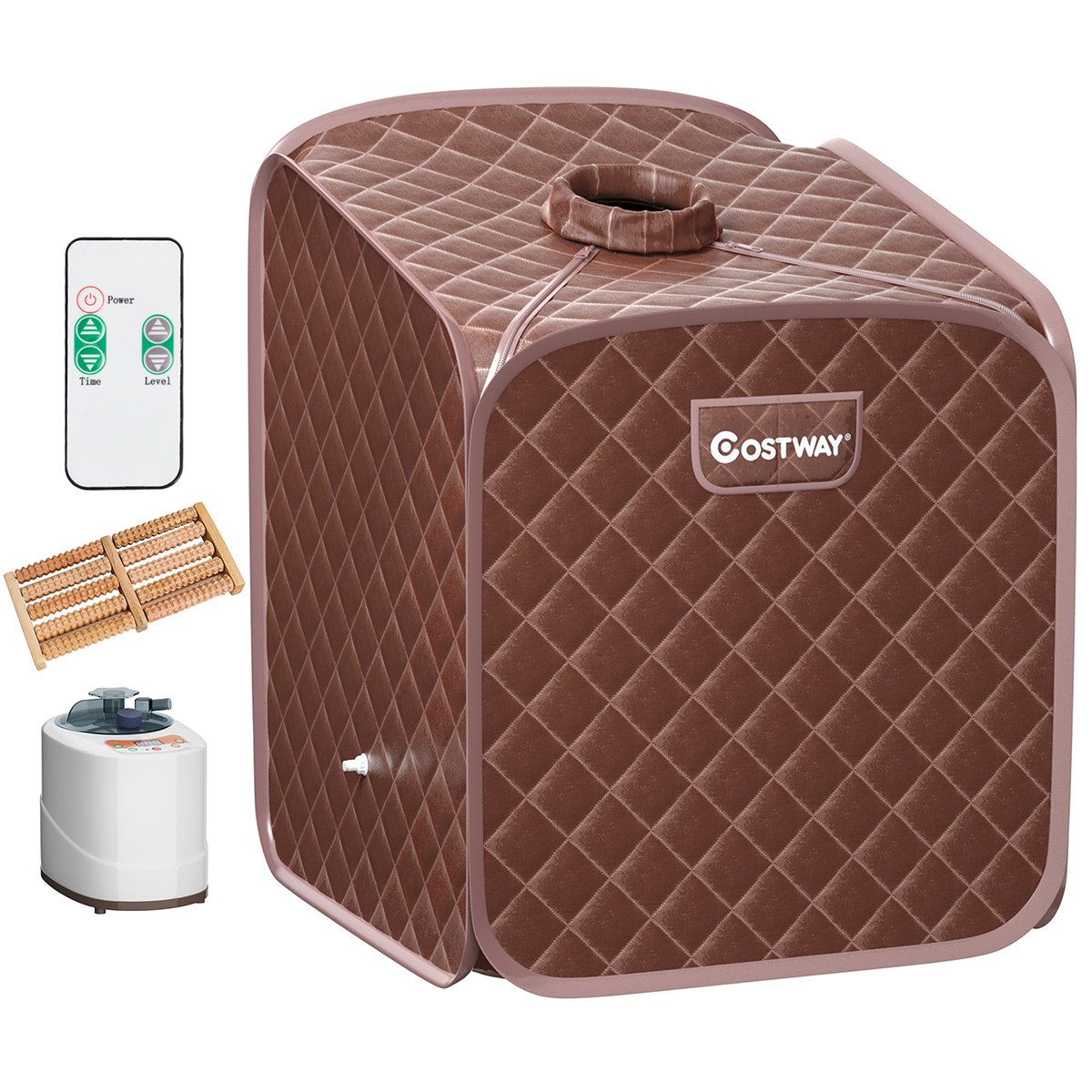 Sauna a vapor portátil com cadeira, rolo massageador para os pés e tapete absorvente. 9 níveis de temperatura ajustáveis. Cabine de spa para uso interno. Cor café.