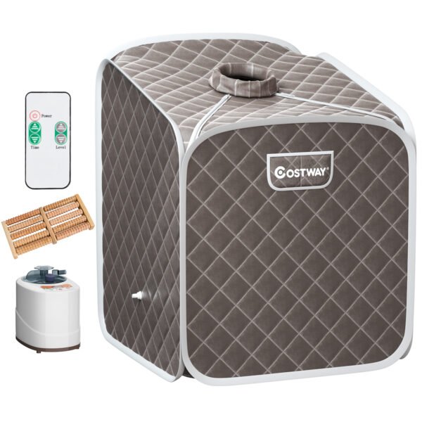 Sauna a vapor portátil com cadeira, rolo massageador para os pés e tapete absorvente. 9 níveis de temperatura ajustáveis. Cabine de spa para uso interno, cor cinza.