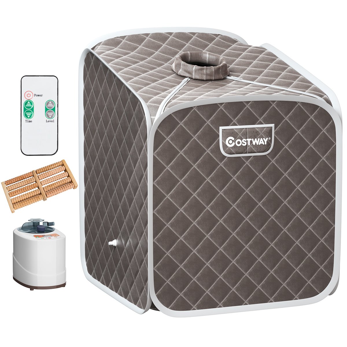 Sauna a vapor portátil com cadeira, rolo massageador para os pés e tapete absorvente. 9 níveis de temperatura ajustáveis. Cabine de spa para uso interno, cor cinza.