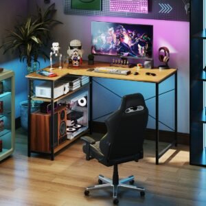 Mesa de computador em L, mesa de canto reversível com prateleira ajustável, branca