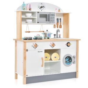 Conjunto de cozinha infantil de madeira com forno de micro-ondas e máquina de lavar roupa.