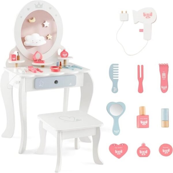 Conjunto infantil 2 em 1 de penteadeira e cadeira de princesa com espelho removível - Branco