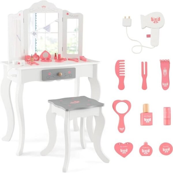 Conjunto de penteadeira infantil com espelho triplo dobrável - Branco