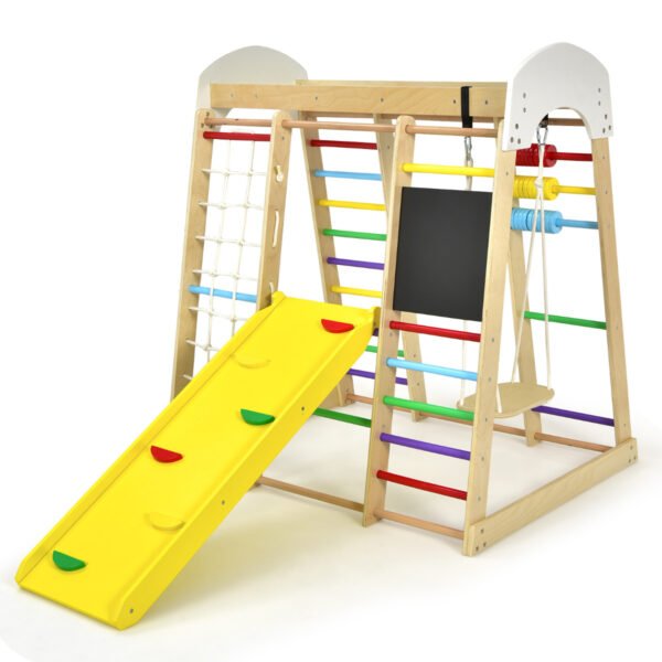 Playground Infantil Indoor com Ginásio de Escalada em Madeira 8 em 1 - Multicolorido
