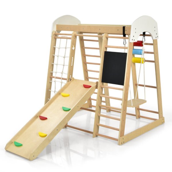 Conjunto de escalada de madeira 8 em 1 com escorregador e quadro de desenho