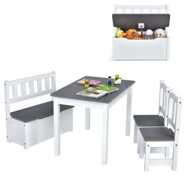 Mesa de atividades infantil com 2 cadeiras e 1 banco com espaço para guardar coisas.