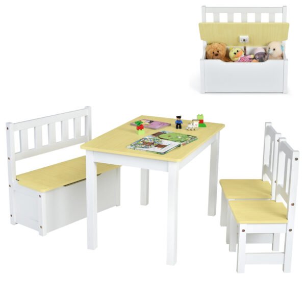 Mesa de atividades infantil com 2 cadeiras e 1 banco com espaço para guardar coisas.