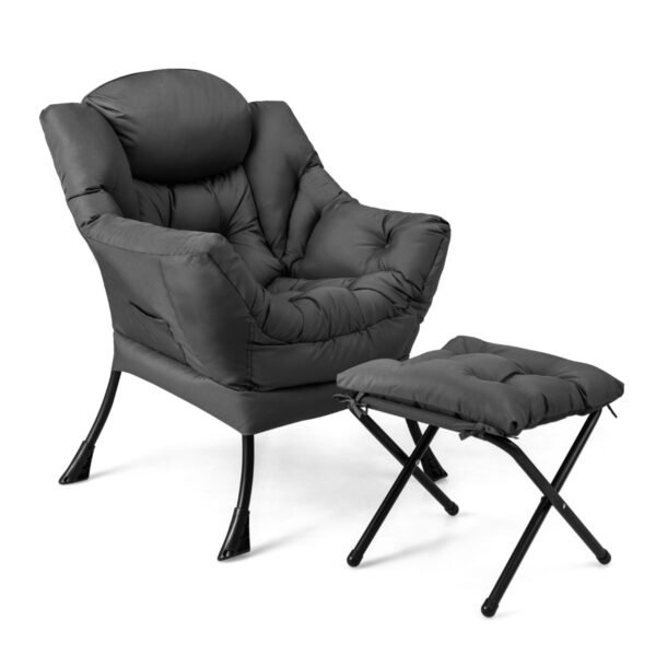 Poltrona moderna com apoio para os pés dobrável e bolso lateral - Cinza