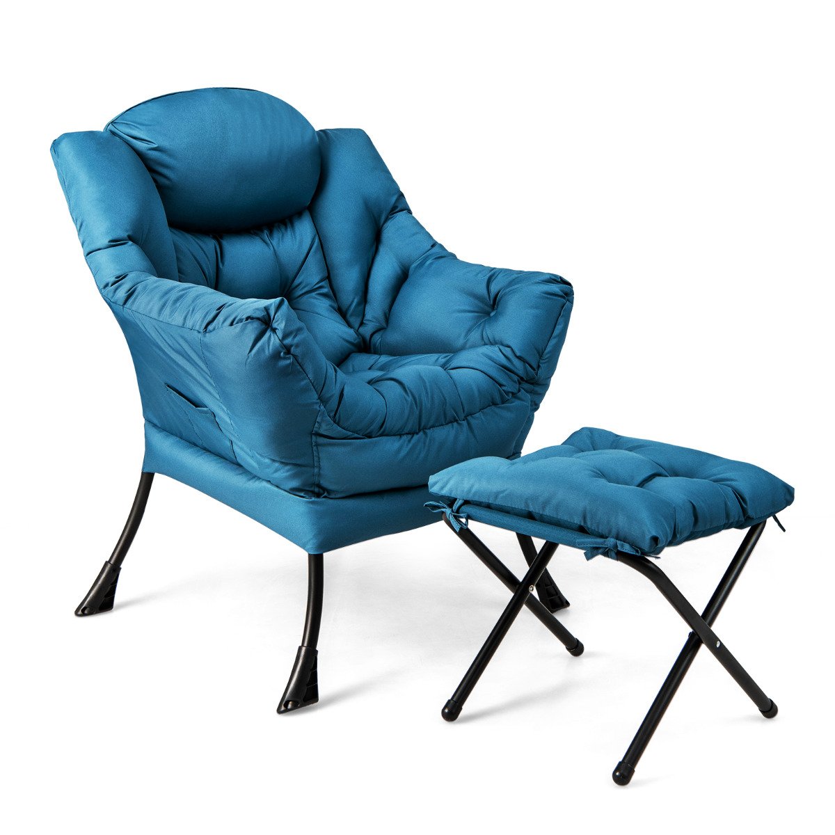 Poltrona moderna com apoio para os pés dobrável e bolso lateral - Azul Marinho
