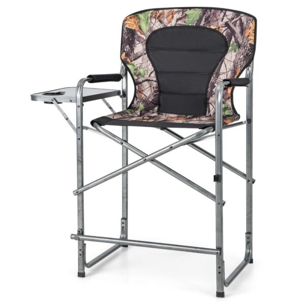 Cadeira de caça alta dobrável com mesa lateral, apoio para os pés removível e porta-copos.