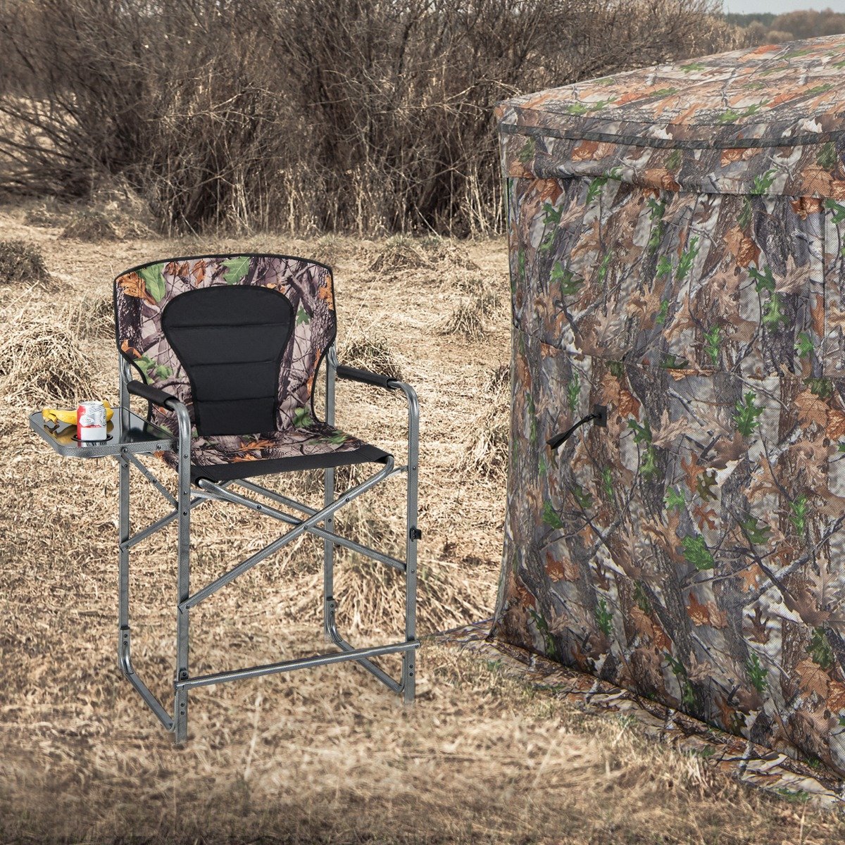 Cadeira de caça alta dobrável com mesa lateral, apoio para os pés removível e porta-copos. - Image 2