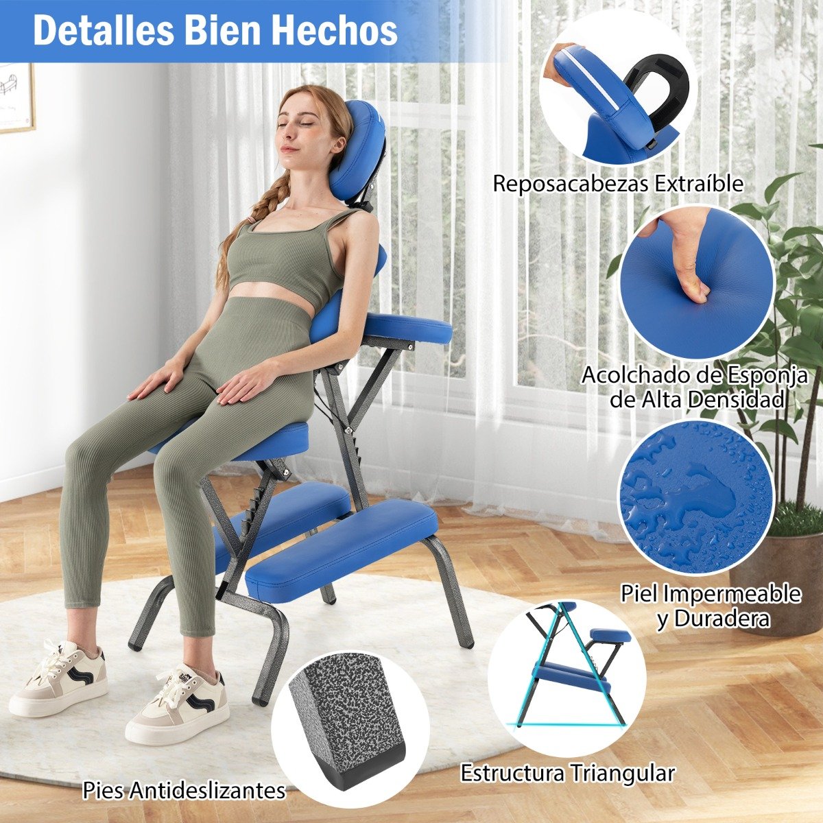 Cadeira de massagem dobrável com altura ajustável, espuma espessa e bolsa de transporte - Azul - Image 4