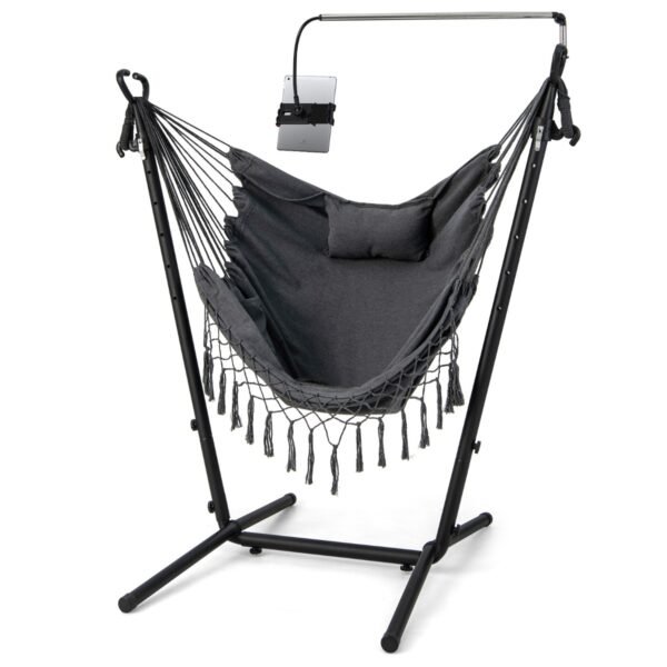 Cadeira de balanço com altura ajustável, suporte para celular e bolso lateral - Cinza