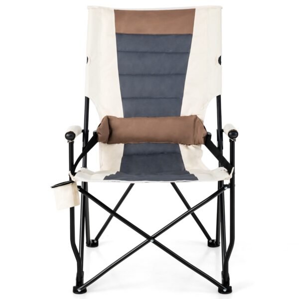 Cadeira de camping dobrável com porta-copos, apoio de braço e almofada lombar.