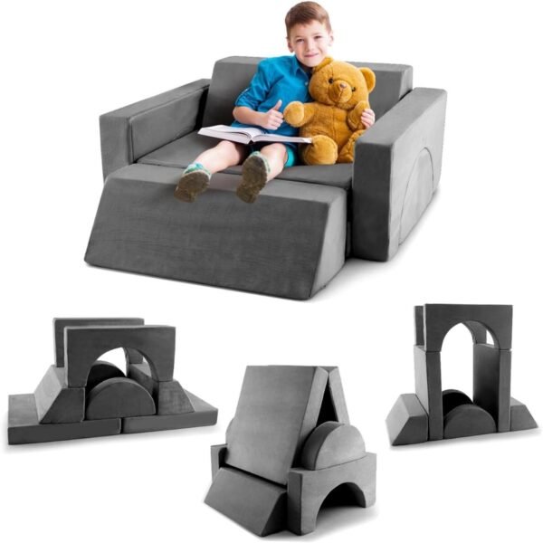 Conjunto de 8 peças de sofá infantil modular com capa removível para sala de jogos e quarto - Cinza