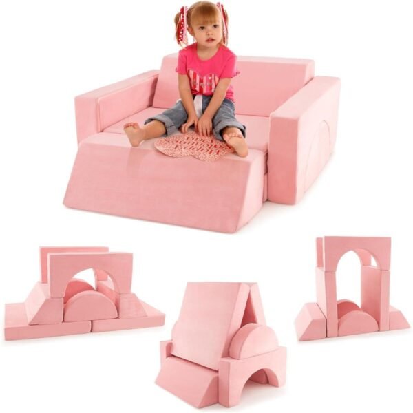 Conjunto de 8 peças de sofá infantil modular com capa removível para sala de jogos e quarto - Rosa