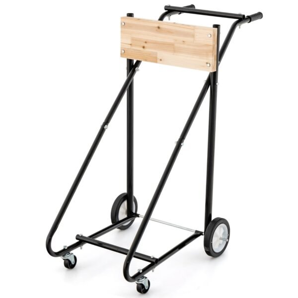 Suporte para motor de popa com rodas e capacidade de carga de 150 kg. Carrinho robusto para transporte do motor.