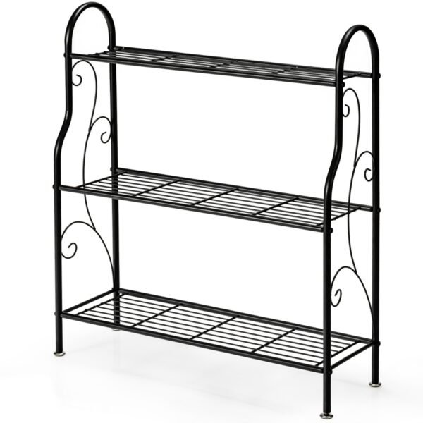Suporte de metal para plantas com 3 níveis e design de arabescos, ideal para varanda, jardim ou quintal.