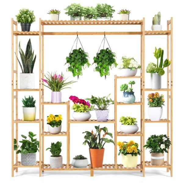 Suporte de bambu para plantas com 9 níveis e prateleira suspensa.