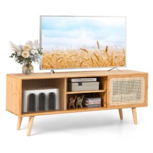 Móvel de TV moderno com portas de correr em rattan e vidro - Cor natural