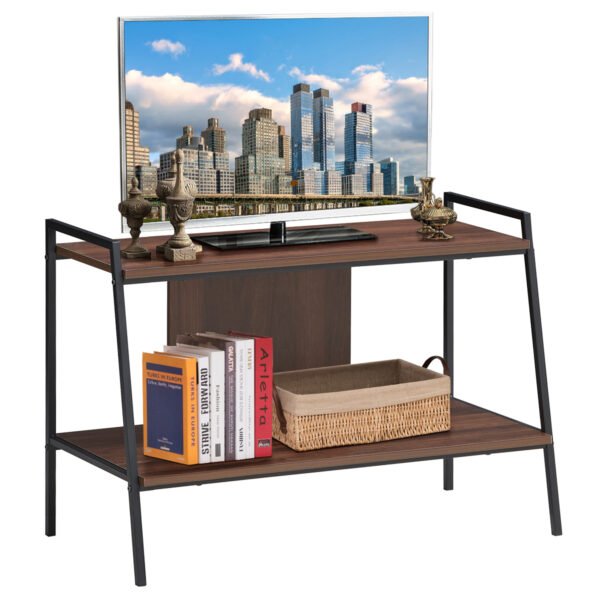 Estante de livros e suporte para TV em estilo industrial, com 2 prateleiras abertas, em madeira e metal.