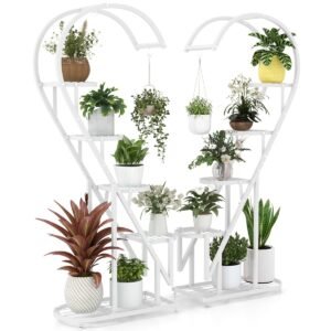 Suporte de metal para plantas com 5 níveis e gancho para pendurar várias plantas - Branco