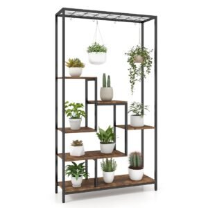Suporte para plantas de 6 níveis, 180 cm de altura, em metal, com 10 ganchos para pendurar - Marrom rústico